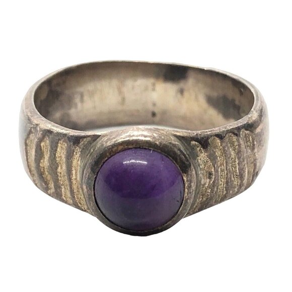 Vintage Sterling Silver Ring 925 Size 6.5 Amethyst Cabochon Band Hallmarked RCK - Picture 2 of 10
